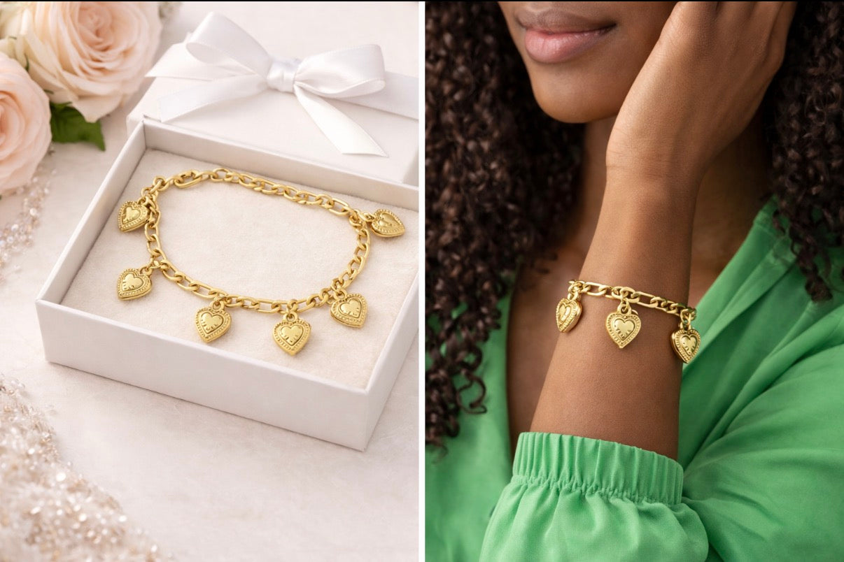 Amara Heart Charm Cuban Figaro Bracelet – Gold Tone
