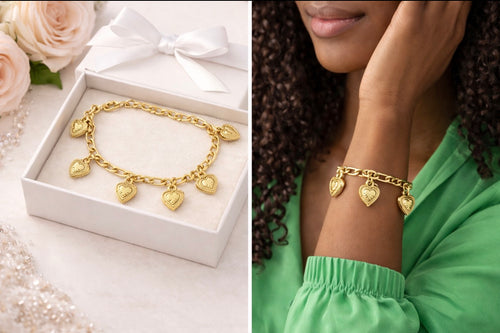 Amara Heart Charm Cuban Figaro Bracelet – Gold Tone